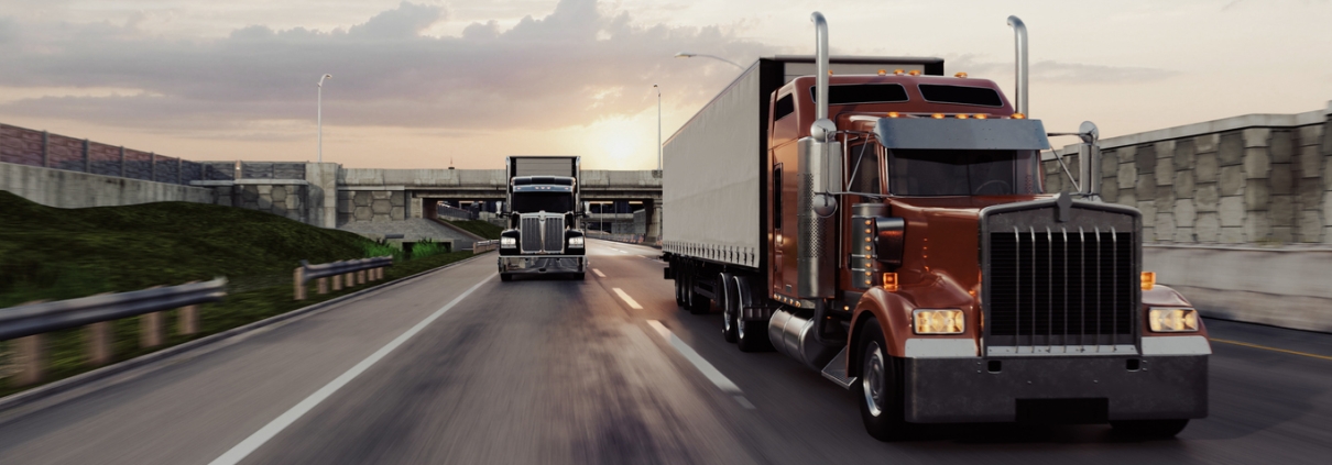 American style truck on freeway pulling load. Transportation theme. 3D illustration