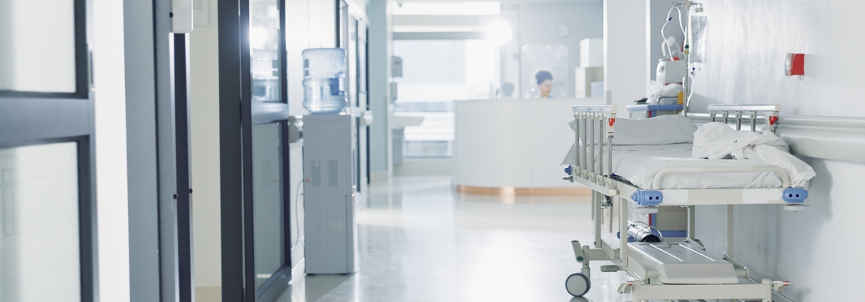 Hospital, healthcare and medical with an empty corridor for wellness, care or treatment and disease control. Medicine, service and hallway of a lobby in a clinic for rehabilitation or recovery