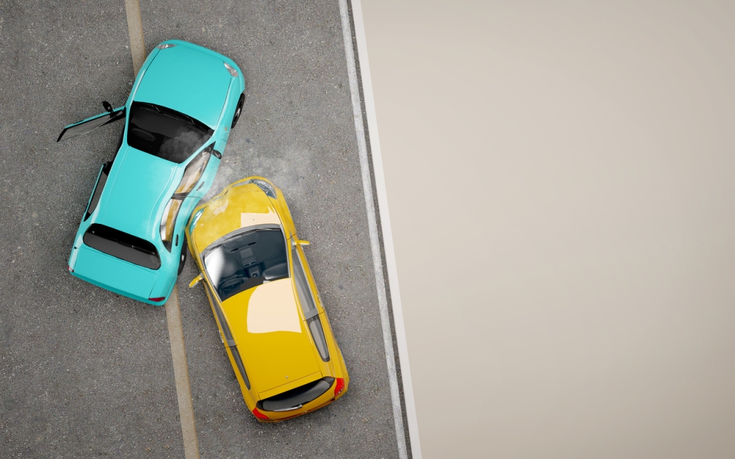 Two cars crash in accident. Top view. Concept for insurance.3d rendering