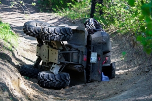 A quad on its side after it has been accidentally flipped.