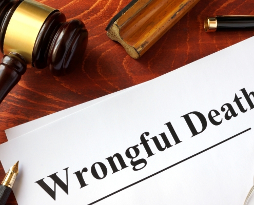 Document with title Wrongful Death o a wooden surface.