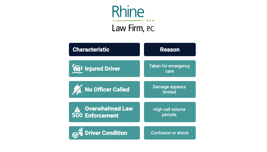 Infographic by Rhine Law Firm titled 'Common Reasons Why a Police Report Wasn’t Filed at the Scene of an Accident.' A two-column table lists four characteristics and reasons: 1) Injured Driver—taken for emergency care; 2) No Officer Called—damage appears limited; 3) Overwhelmed Law Enforcement—high call volume periods; 4) Driver Condition—confusion or shock. Each characteristic is shown with an icon. The Rhine Law Firm logo appears at the top.