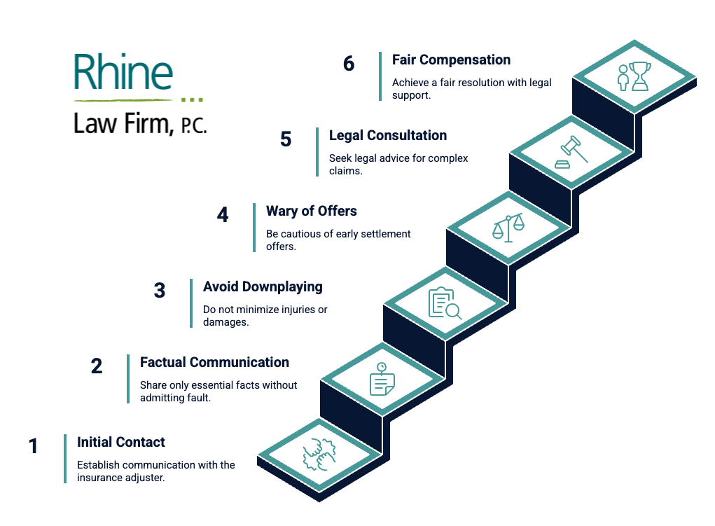 Infographic by Rhine Law Firm titled 'How to Deal with Insurance Adjusters.' A staircase graphic with six steps, each labeled and paired with an icon: 1) Initial Contact—establish communication with the insurance adjuster; 2) Factual Communication—share only essential facts without admitting fault; 3) Avoid Downplaying—do not minimize injuries or damages; 4) Wary of Offers—be cautious of early settlement offers; 5) Legal Consultation—seek legal advice for complex claims; 6) Fair Compensation—achieve a fair resolution with legal support. The Rhine Law Firm logo is at the top left.