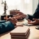 Courtroom, Attractive Judge Lawyer Sitting at Table, Looking at Papers and Laptop in Office, Legal Business Service Concept, Close Up